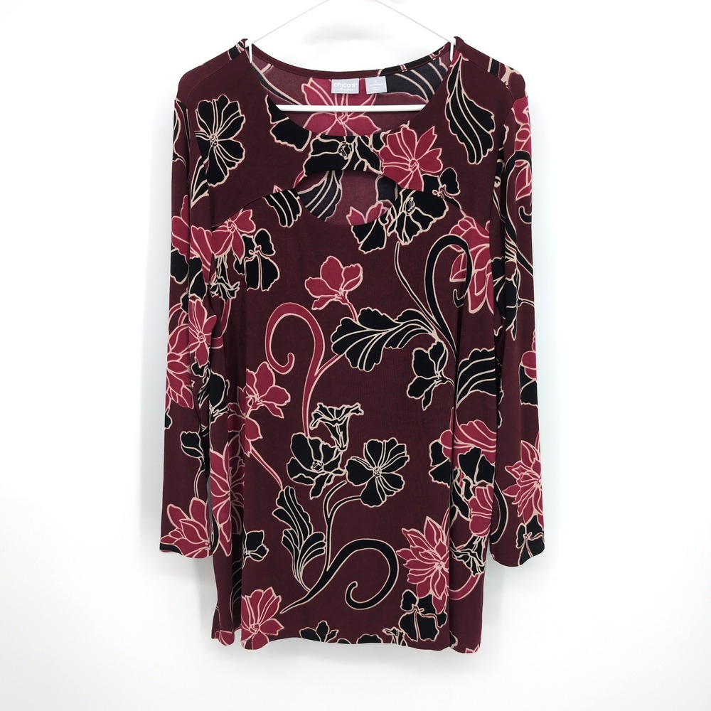 Chico's Travelers Top Burgundy Floral Cutout Long Sleeve Women's Size 3 / 16-18